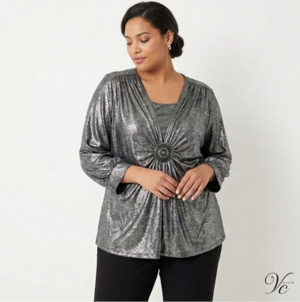 Studio 1940 Blouse Gray Silver Metallic Goth Grunge 26/28W